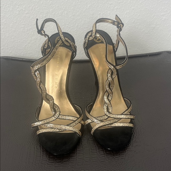IVANKA TRUMP Black and Gold Strappy Heeled Sandals - Picture 2 of 6